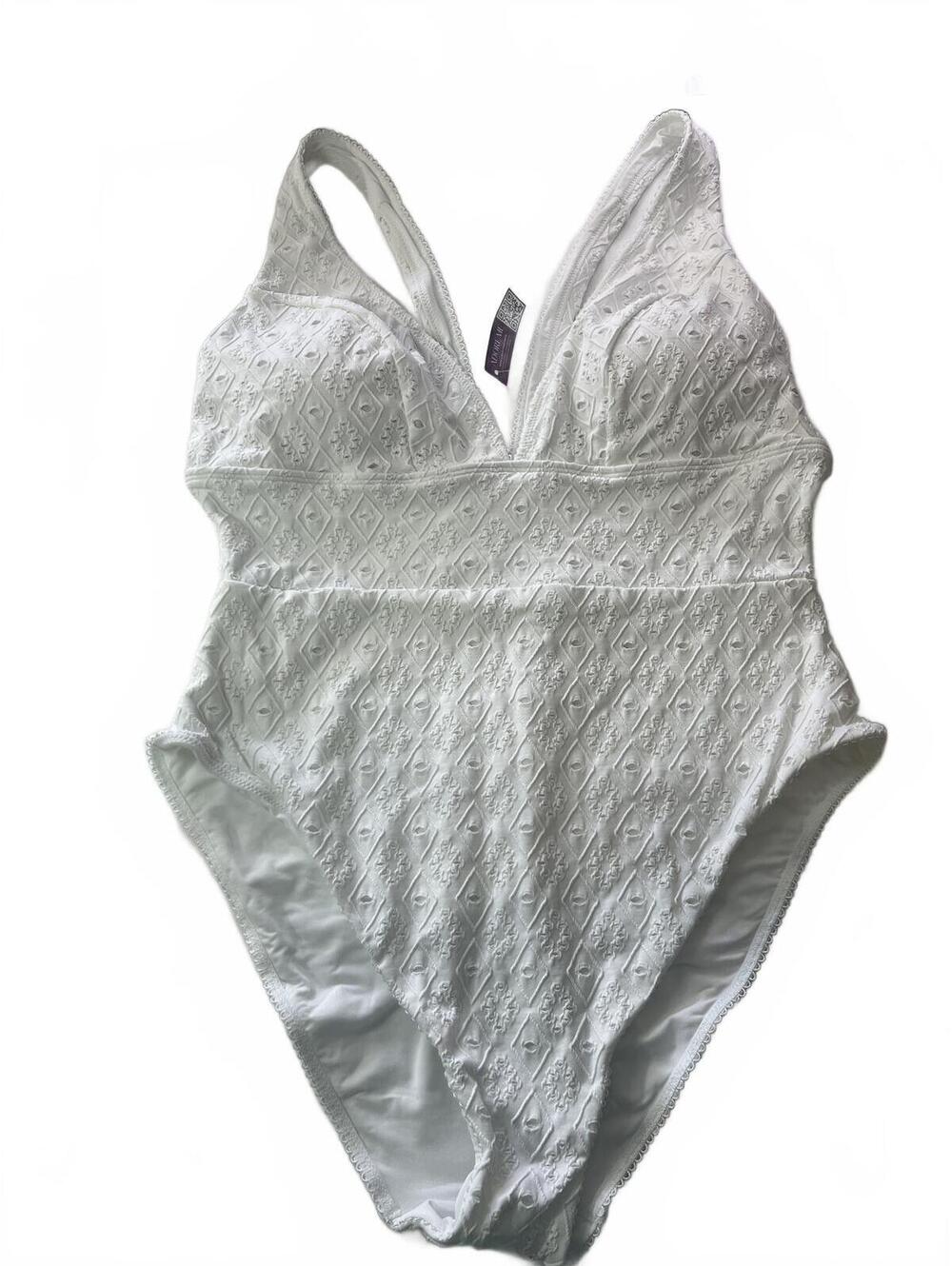 Adore Me Melony White Eyelet One-Piece Swimsuit XL Textured Tank Fully Lined NWT